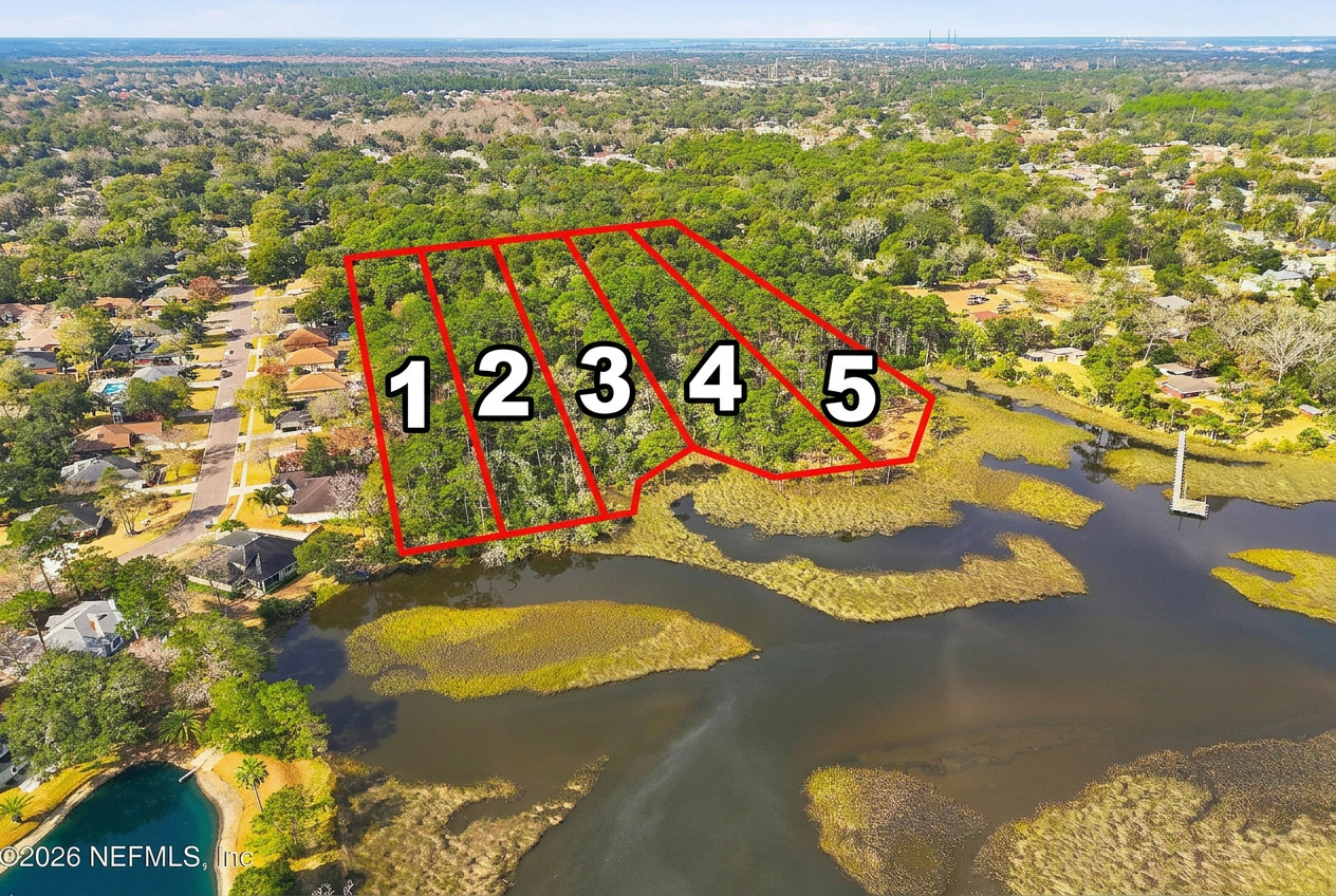 Aerial parcel map outlining the five individual 2.25-acre waterfront lots at Quinlan Ridge on Mount Pleasant Creek, Jacksonville, Duval County, Florida